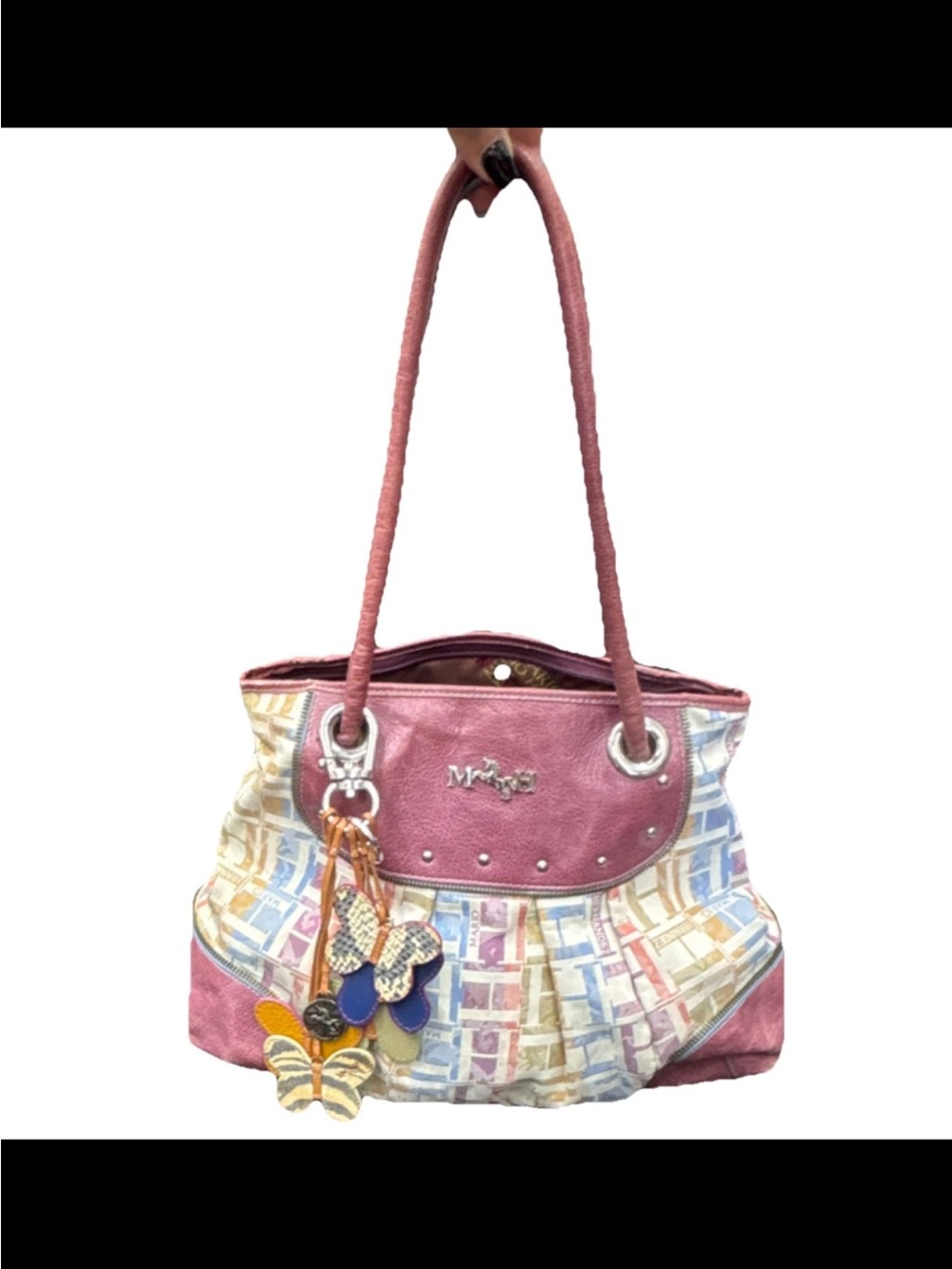 Mario Hernandez Women’s Purple Multicolor Logo Zip Shoulder Bag, Butterfly Charm